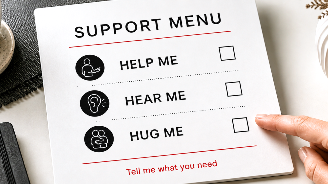 A printed “Support Menu” card offers three options with checkboxes: “Help me”, “Hear me” and “Hug me”. A hand points towards the choices, with the red prompt, “Tell me what you need,” at the bottom.