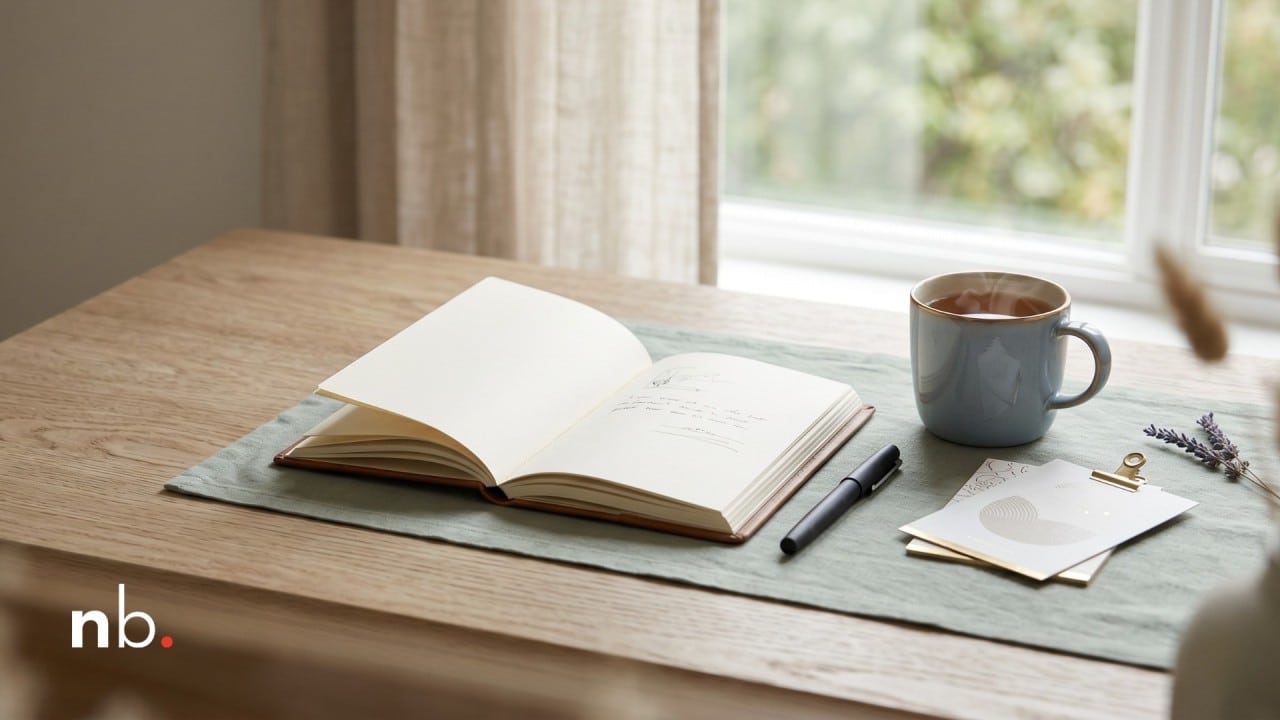 An open journal with handwritten notes lies on a wooden desk beside a black pen, a steaming mug of tea, notecards and a sprig of lavender, with soft light coming through a window. Nikki Bush logo in the corner.